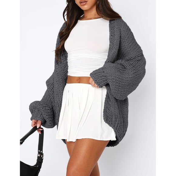 Womens Trendy Cardigan Sweaters Dark Grey Long Sleeve Chunky Knit Outfits - Picture 4 of 8